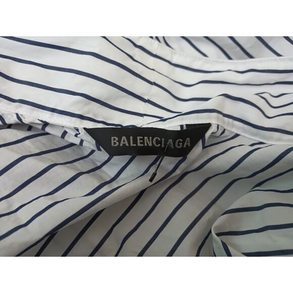 Balenciaga Women's Bow Detail Striped White Navy Blue Button Up Shirt Size 40 - Picture 8 of 11
